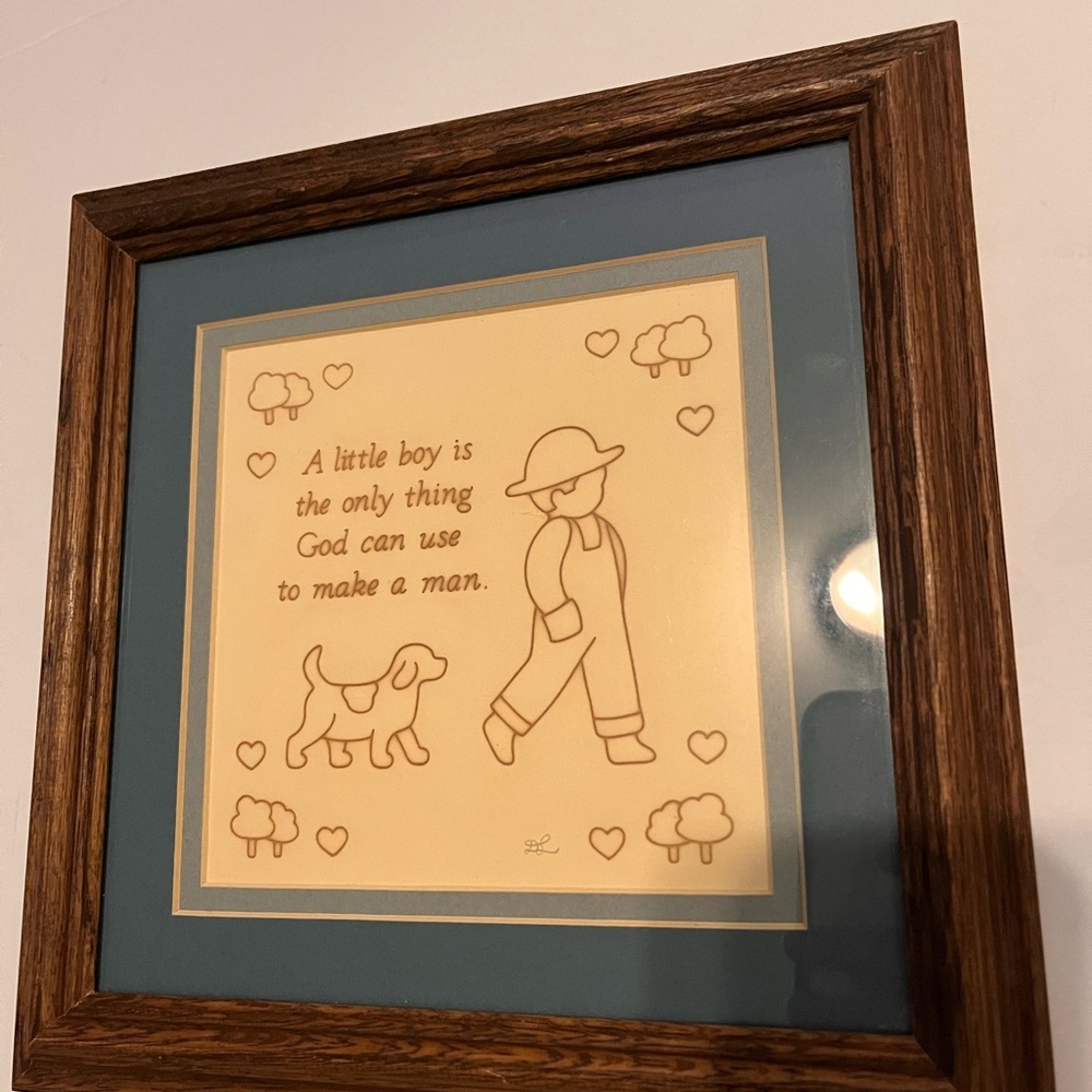 Framed Boy & Dog Sentiment Artwork - Blue Mat, Wood Frame 5x5 approx